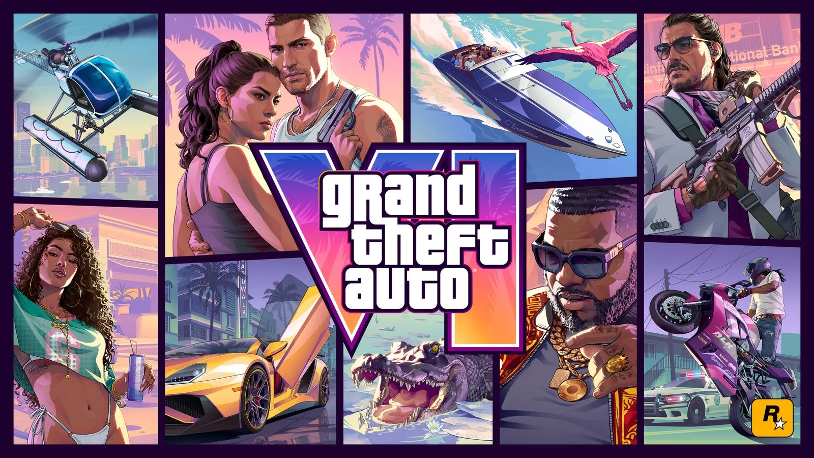 Official GTA 6 cover art featuring Jason, Lucia and the Vice City cast