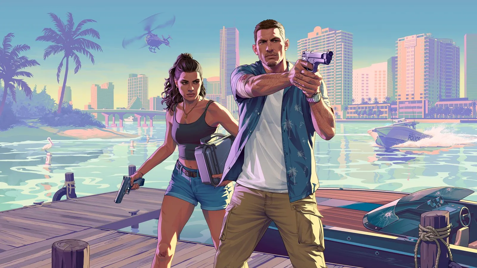 Jason and Lucia with guns drawn on a Vice City dock