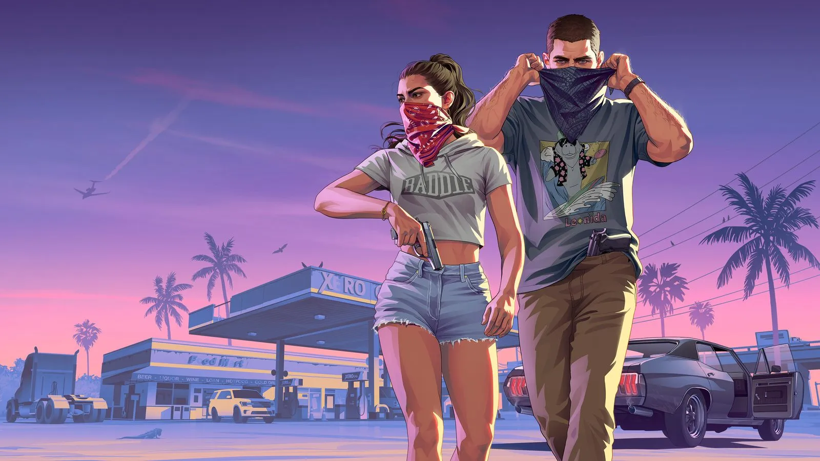 Jason and Lucia in bandanas walking away from a gas station robbery