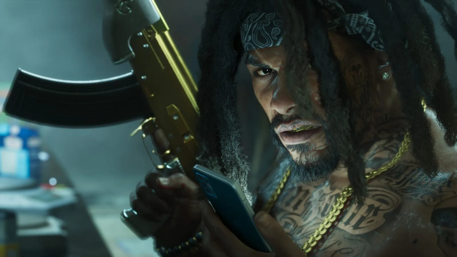 A Vice City local holding a gold rifle