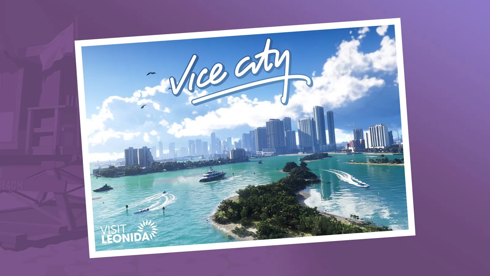 Visit Leonida postcard showing the Vice City skyline and bay
