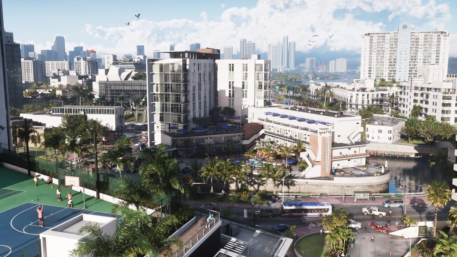 Aerial view of Vice City towers, palm trees and the waterfront